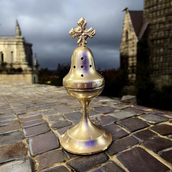 Brass Censer Incense Burner-Crucifix Cross-Religious-Vintage-Church-Censor-1960s - Picture 1 of 6